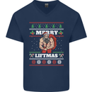 Gym Merry Liftmas Christmas Bodybuilding Mens V-Neck Cotton T-Shirt Navy Blue
