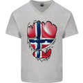 Gym Norwegian Flag Ripped Muscles Norway Mens V-Neck Cotton T-Shirt Sports Grey