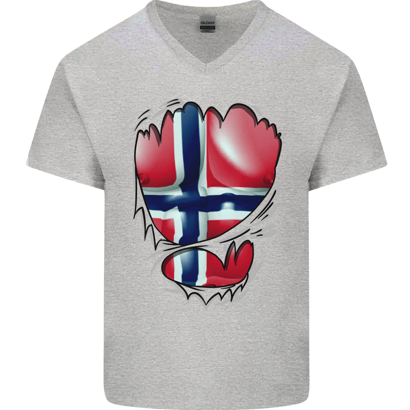 Gym Norwegian Flag Ripped Muscles Norway Mens V-Neck Cotton T-Shirt Sports Grey