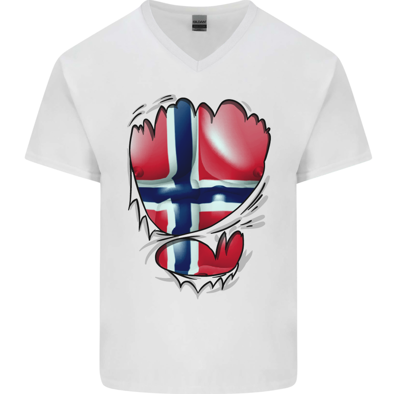 Gym Norwegian Flag Ripped Muscles Norway Mens V-Neck Cotton T-Shirt White