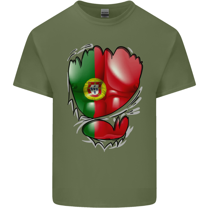 Gym Portuguese Flag Ripped Muscles Portugal Mens Cotton T-Shirt Tee Top Military Green