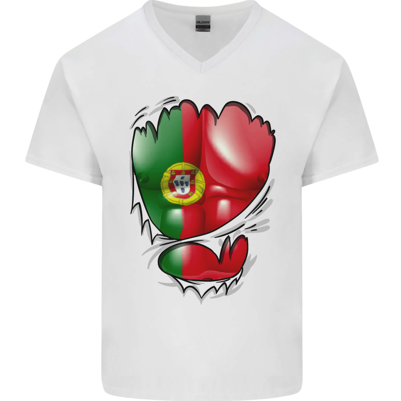 Gym Portuguese Flag Ripped Muscles Portugal Mens V-Neck Cotton T-Shirt White