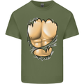 Gym Ripped Muscles Effect Mens Cotton T-Shirt Tee Top Military Green