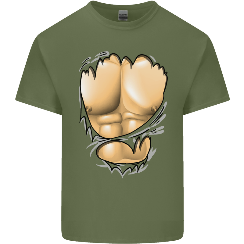 Gym Ripped Muscles Effect Mens Cotton T-Shirt Tee Top Military Green