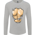 Gym Ripped Muscles Effect Mens Long Sleeve T-Shirt Sports Grey
