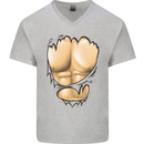 Gym Ripped Muscles Effect Mens V-Neck Cotton T-Shirt Sports Grey