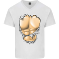 Gym Ripped Muscles Effect Mens V-Neck Cotton T-Shirt White