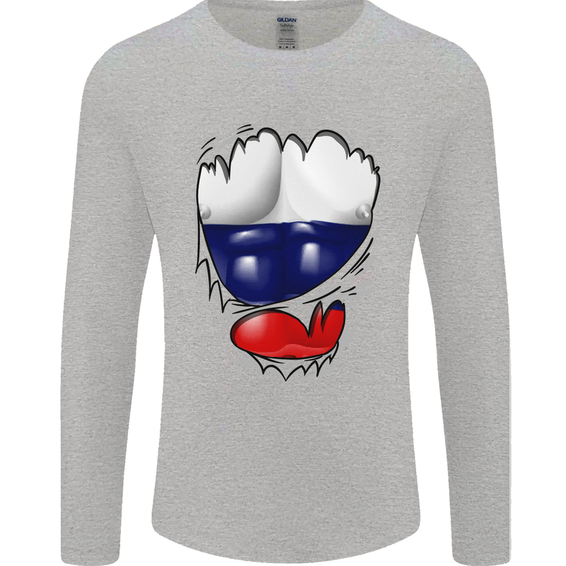 Gym Russian Flag Ripped Muscles Russia Mens Long Sleeve T-Shirt Sports Grey