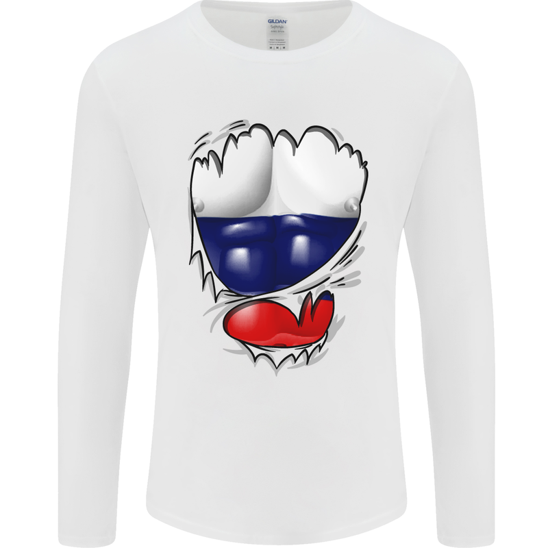 Gym Russian Flag Ripped Muscles Russia Mens Long Sleeve T-Shirt White