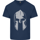 Gym Spartan Helmet Bodybuilding Fitness Mens V-Neck Cotton T-Shirt Navy Blue