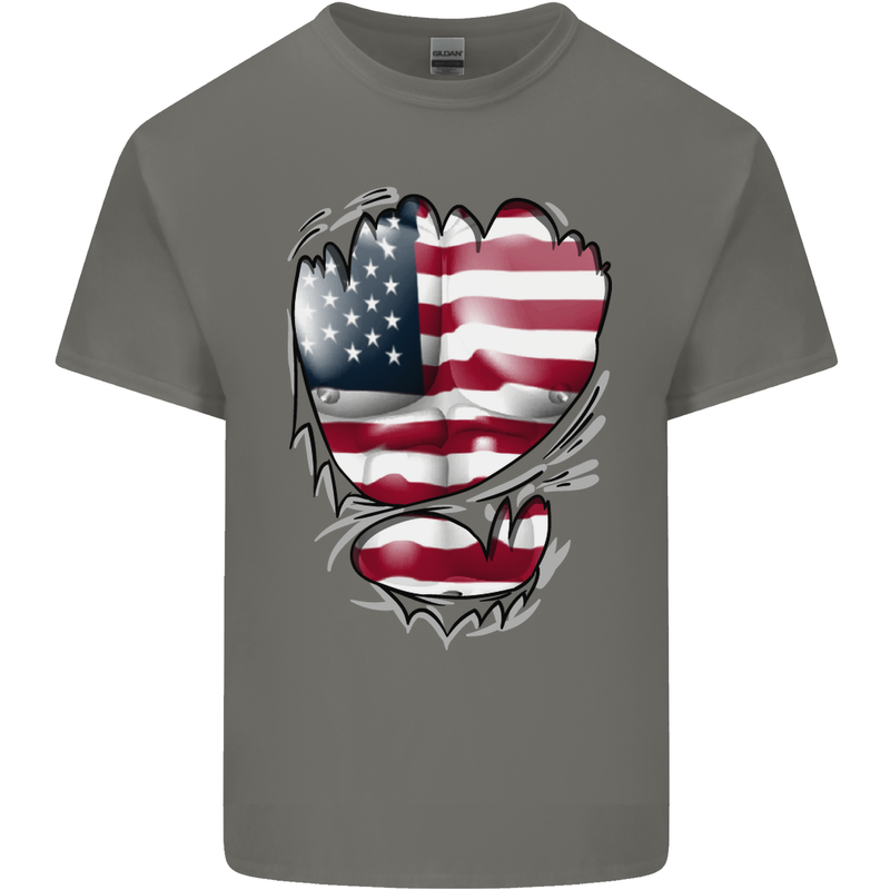 Gym Stars & Stripes American Flag Ripped Mens Cotton T-Shirt Tee Top Charcoal
