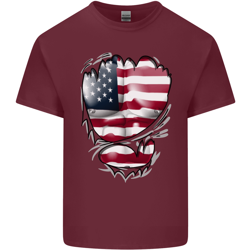 Gym Stars & Stripes American Flag Ripped Mens Cotton T-Shirt Tee Top Maroon