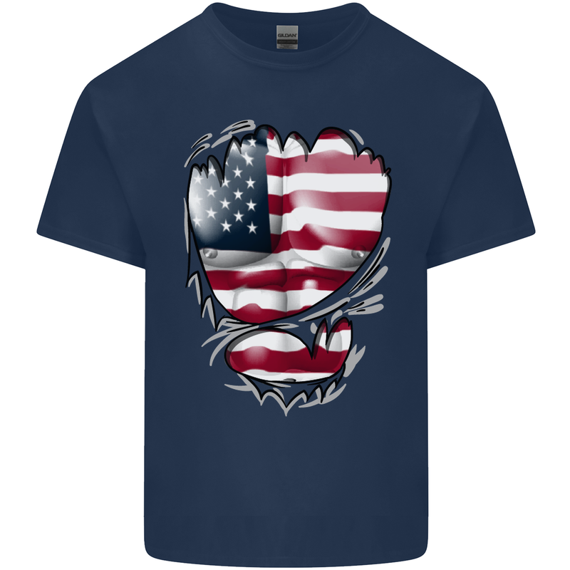 Gym Stars & Stripes American Flag Ripped Mens Cotton T-Shirt Tee Top Navy Blue