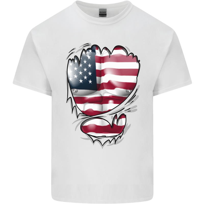 Gym Stars & Stripes American Flag Ripped Mens Cotton T-Shirt Tee Top White