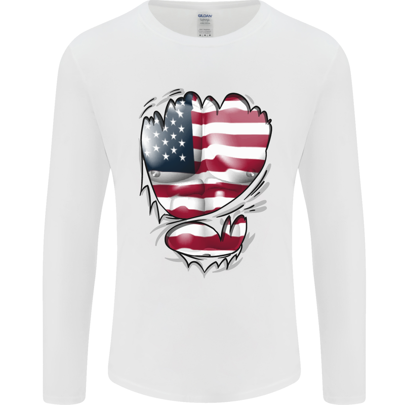 Gym Stars & Stripes American Flag Ripped Mens Long Sleeve T-Shirt White