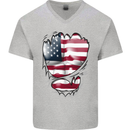 Gym Stars & Stripes American Flag Ripped Mens V-Neck Cotton T-Shirt Sports Grey