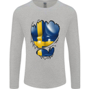 Gym Swedish Flag Ripped Muscles Sweeden Mens Long Sleeve T-Shirt Sports Grey