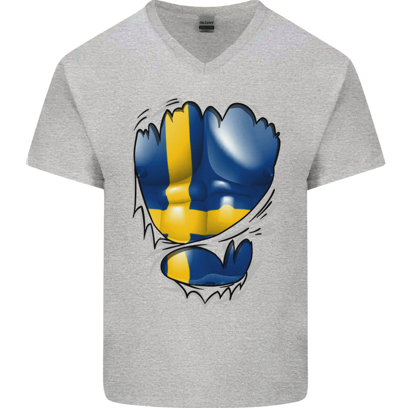 Gym Swedish Flag Ripped Muscles Sweeden Mens V-Neck Cotton T-Shirt Sports Grey