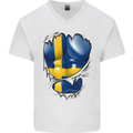 Gym Swedish Flag Ripped Muscles Sweeden Mens V-Neck Cotton T-Shirt White