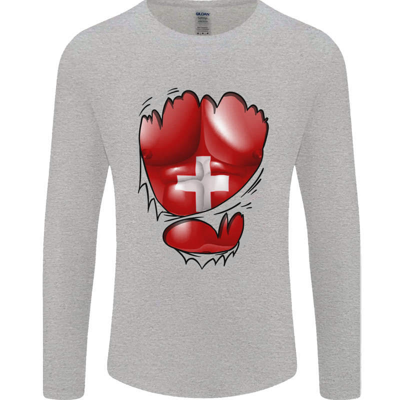 Gym Swiss Flag Ripped Muscles Switzerland Mens Long Sleeve T-Shirt Sports Grey