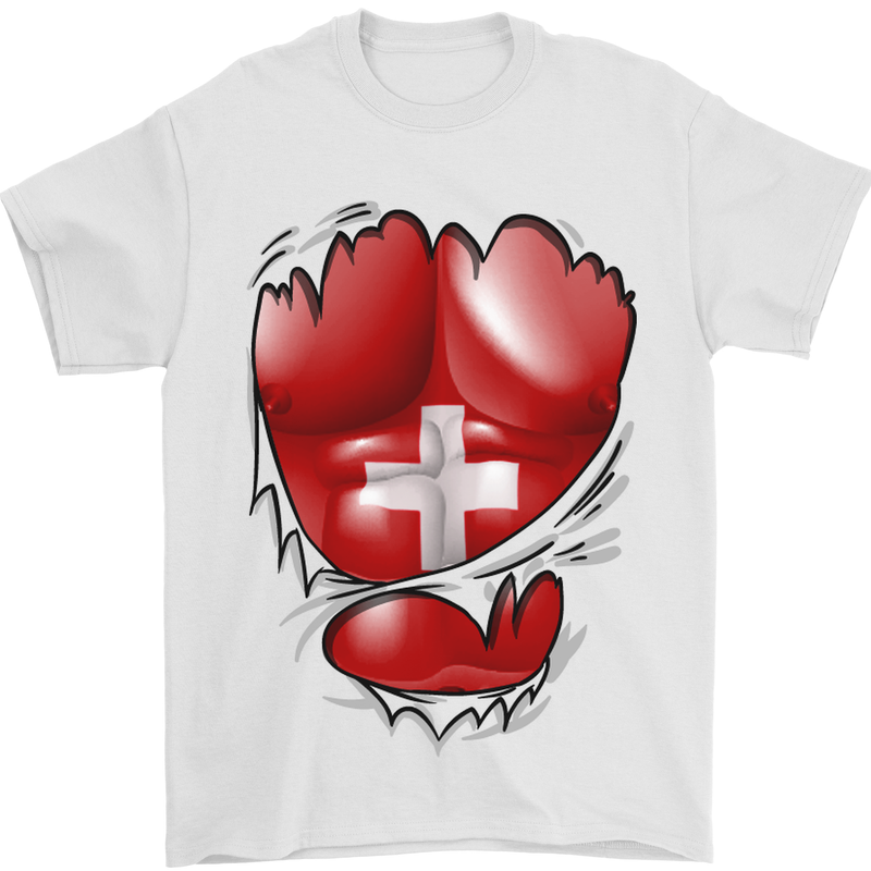 Gym Swiss Flag Ripped Muscles Switzerland Mens T-Shirt Cotton Gildan White
