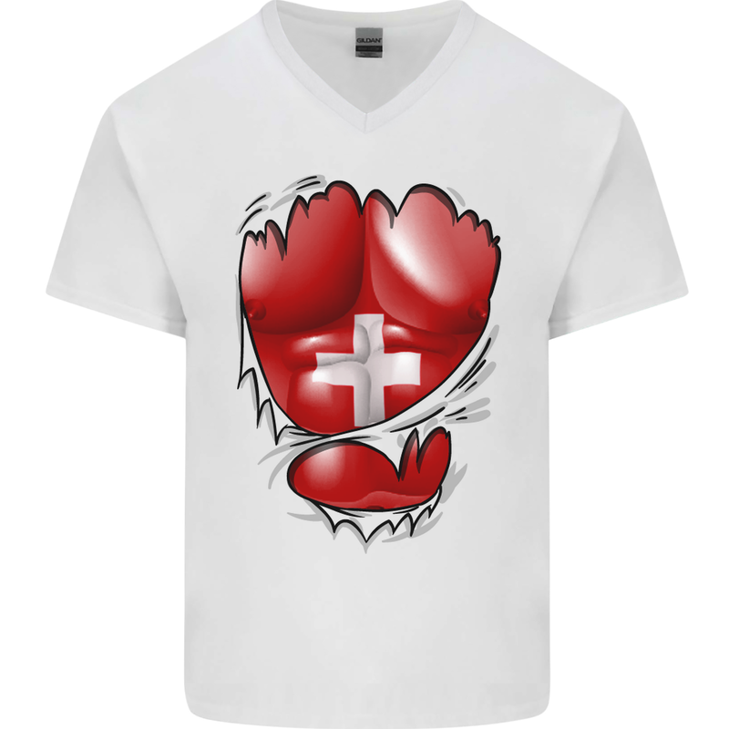 Gym Swiss Flag Ripped Muscles Switzerland Mens V-Neck Cotton T-Shirt White