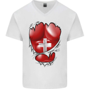 Gym Swiss Flag Ripped Muscles Switzerland Mens V-Neck Cotton T-Shirt White