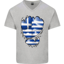 Gym The Greek Flag Ripped Muscles Greece Mens V-Neck Cotton T-Shirt Sports Grey