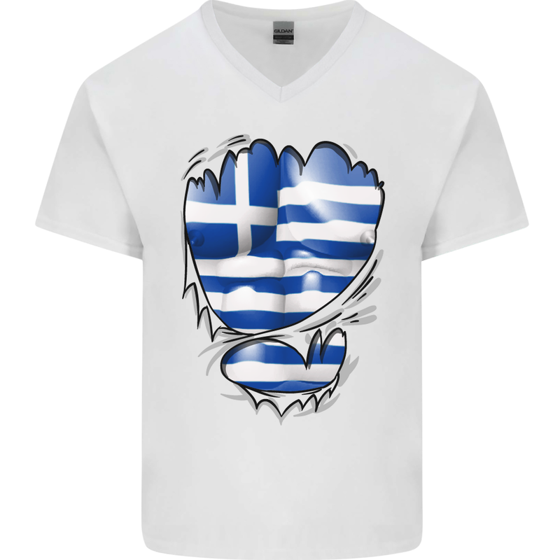 Gym The Greek Flag Ripped Muscles Greece Mens V-Neck Cotton T-Shirt White