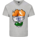 Gym The Indian Flag Ripped Muscles India Mens V-Neck Cotton T-Shirt Sports Grey