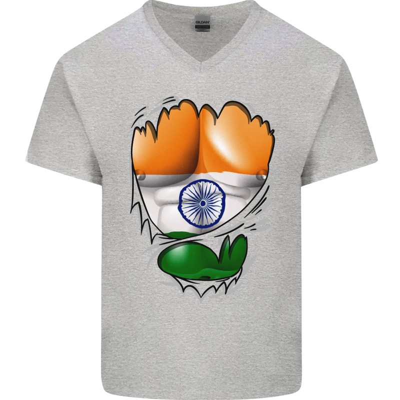Gym The Indian Flag Ripped Muscles India Mens V-Neck Cotton T-Shirt Sports Grey