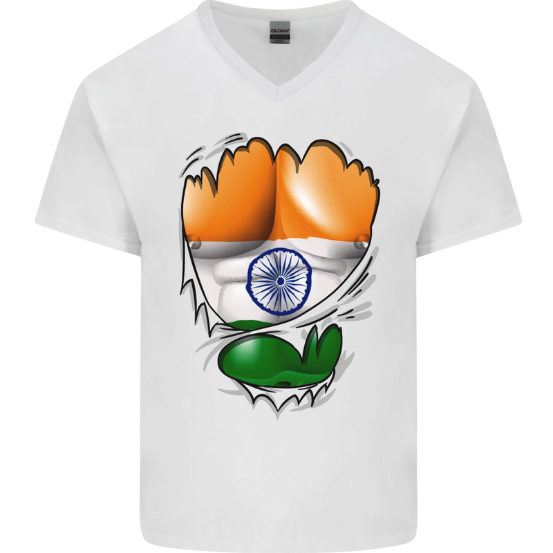 Gym The Indian Flag Ripped Muscles India Mens V-Neck Cotton T-Shirt White