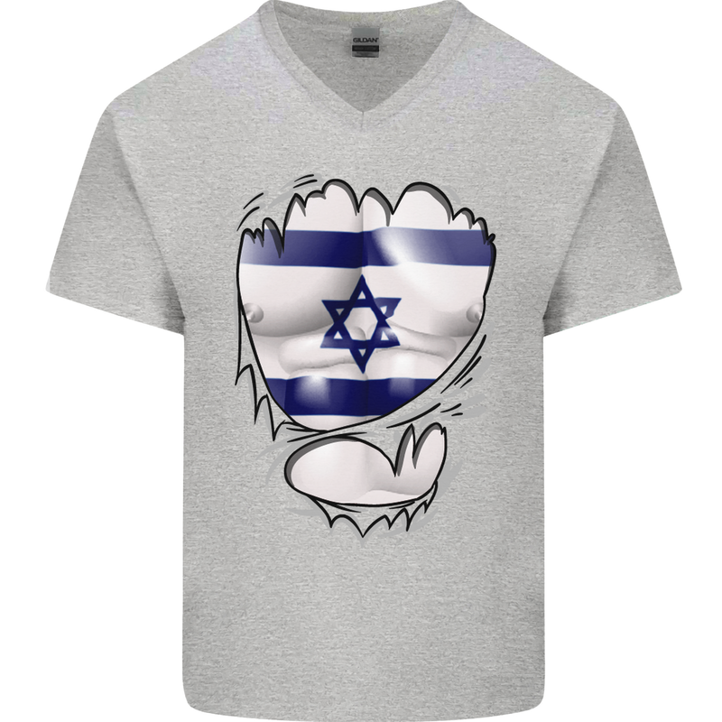 Gym The Israeli Flag Ripped Muscles Israel Mens V-Neck Cotton T-Shirt Sports Grey