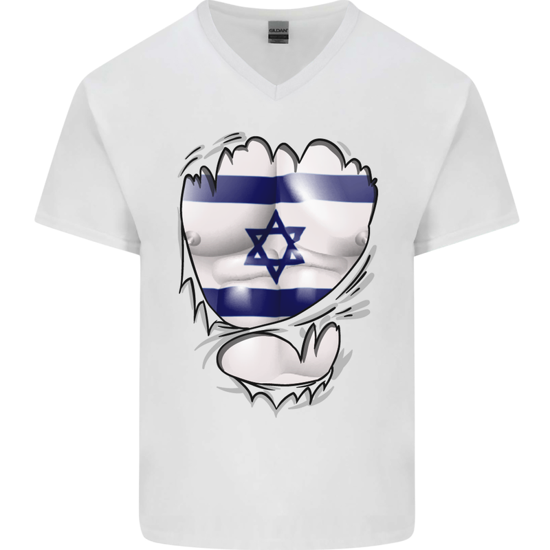 Gym The Israeli Flag Ripped Muscles Israel Mens V-Neck Cotton T-Shirt White