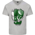 Gym The Pakistan Flag Ripped Muscles Effect Mens V-Neck Cotton T-Shirt Sports Grey
