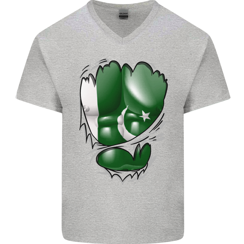 Gym The Pakistan Flag Ripped Muscles Effect Mens V-Neck Cotton T-Shirt Sports Grey
