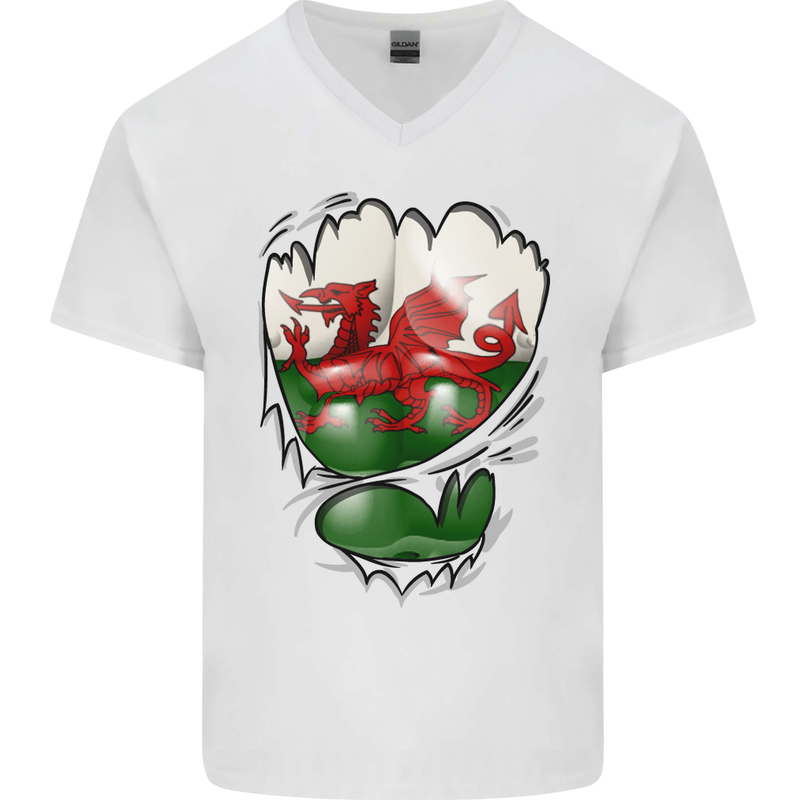 Gym The Welsh Flag Ripped Muscles Wales Mens V-Neck Cotton T-Shirt White