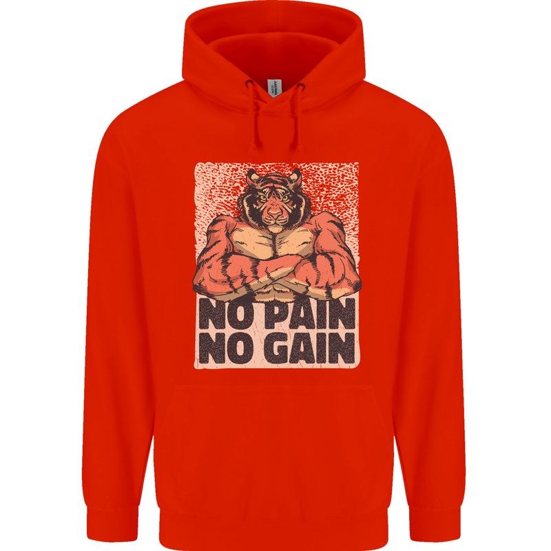 Gym Tiger No Pain No Gain Training Top Mens 80% Cotton Hoodie Bright Red