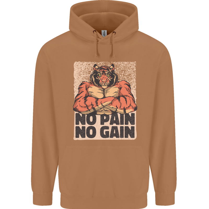 Gym Tiger No Pain No Gain Training Top Mens 80% Cotton Hoodie Caramel Latte