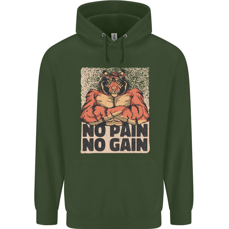 Gym Tiger No Pain No Gain Training Top Mens 80% Cotton Hoodie Forest Green