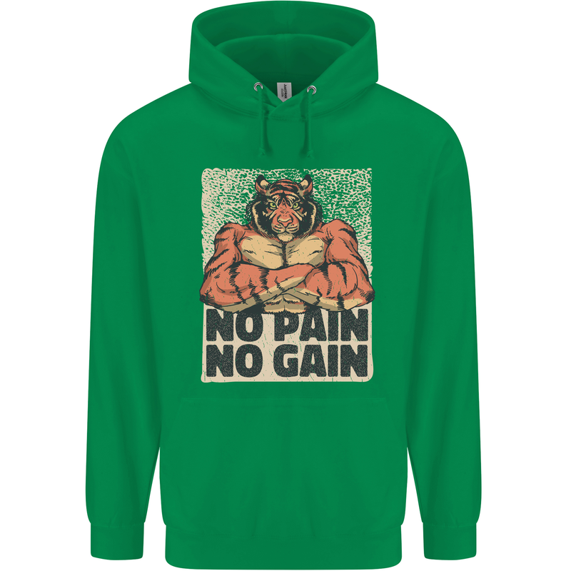 Gym Tiger No Pain No Gain Training Top Mens 80% Cotton Hoodie Irish Green