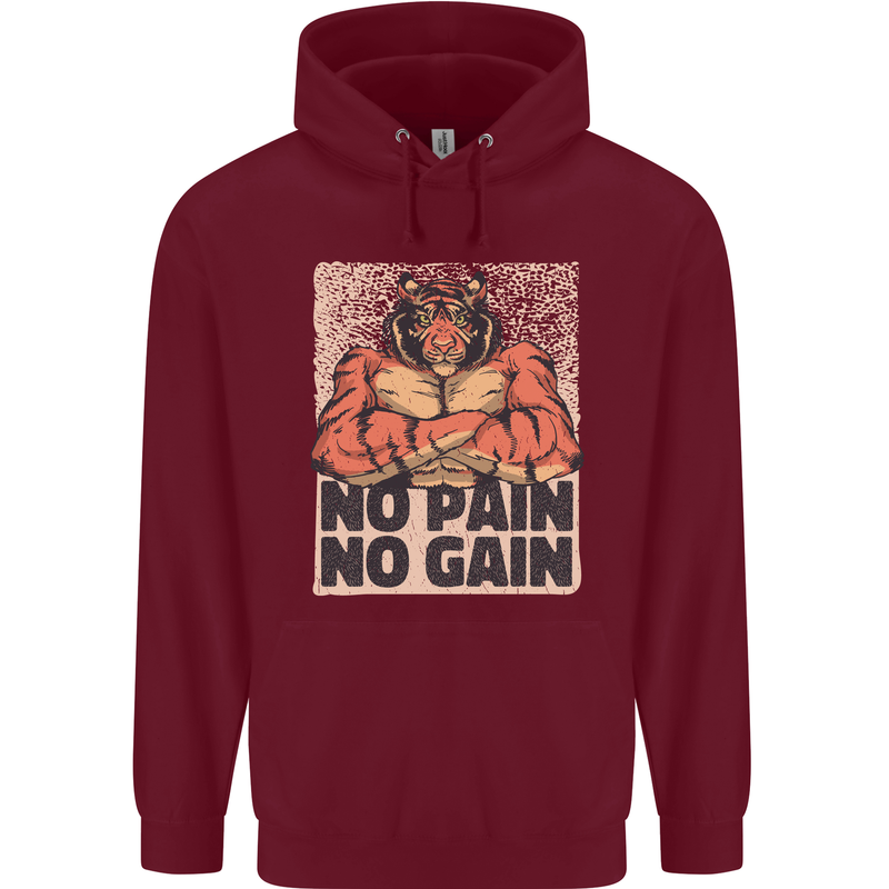 Gym Tiger No Pain No Gain Training Top Mens 80% Cotton Hoodie Maroon