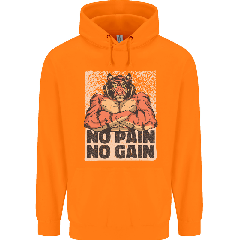 Gym Tiger No Pain No Gain Training Top Mens 80% Cotton Hoodie Orange