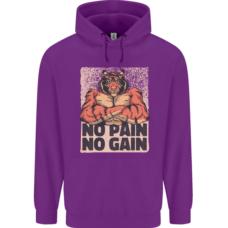 Gym Tiger No Pain No Gain Training Top Mens 80% Cotton Hoodie Purple