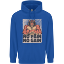 Gym Tiger No Pain No Gain Training Top Mens 80% Cotton Hoodie Royal Blue
