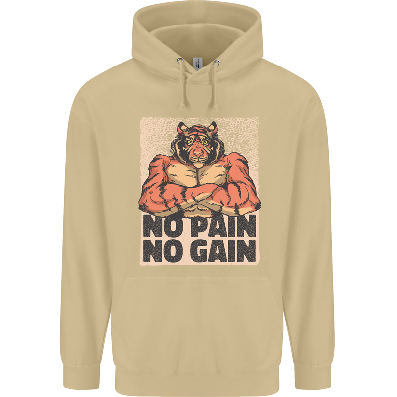 Gym Tiger No Pain No Gain Training Top Mens 80% Cotton Hoodie Sand