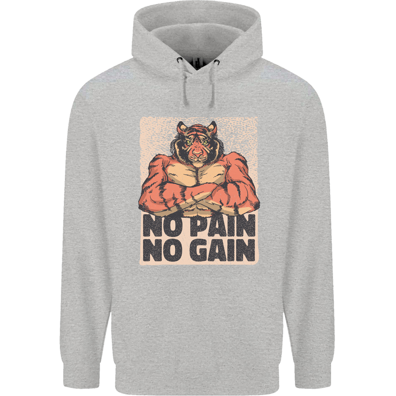 Gym Tiger No Pain No Gain Training Top Mens 80% Cotton Hoodie Sports Grey
