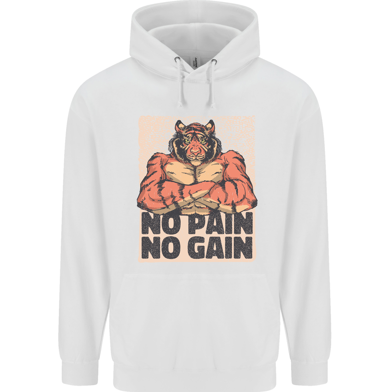 Gym Tiger No Pain No Gain Training Top Mens 80% Cotton Hoodie White