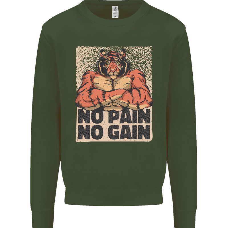 Gym Tiger No Pain No Gain Training Top Mens Sweatshirt Jumper Forest Green