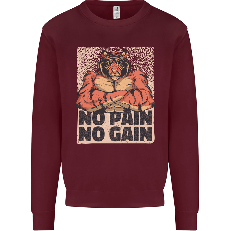 Gym Tiger No Pain No Gain Training Top Mens Sweatshirt Jumper Maroon